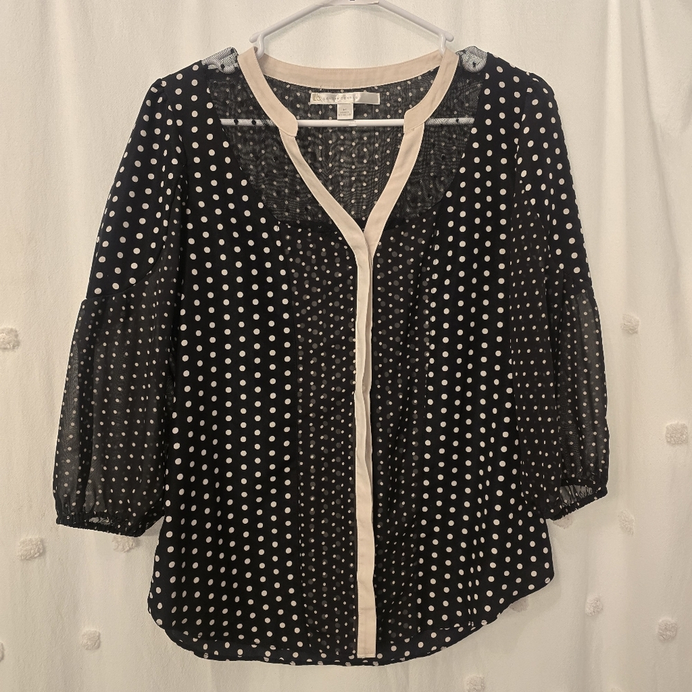 Lauren Conrad Polka Dot Sheer Black and Cream Blouse Size Medium